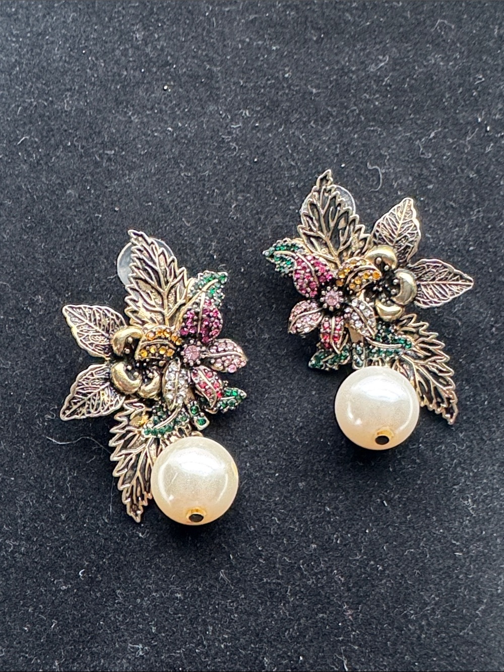 Aldo Floral Crystal Leaf Drop Earrings with Pearl Accent